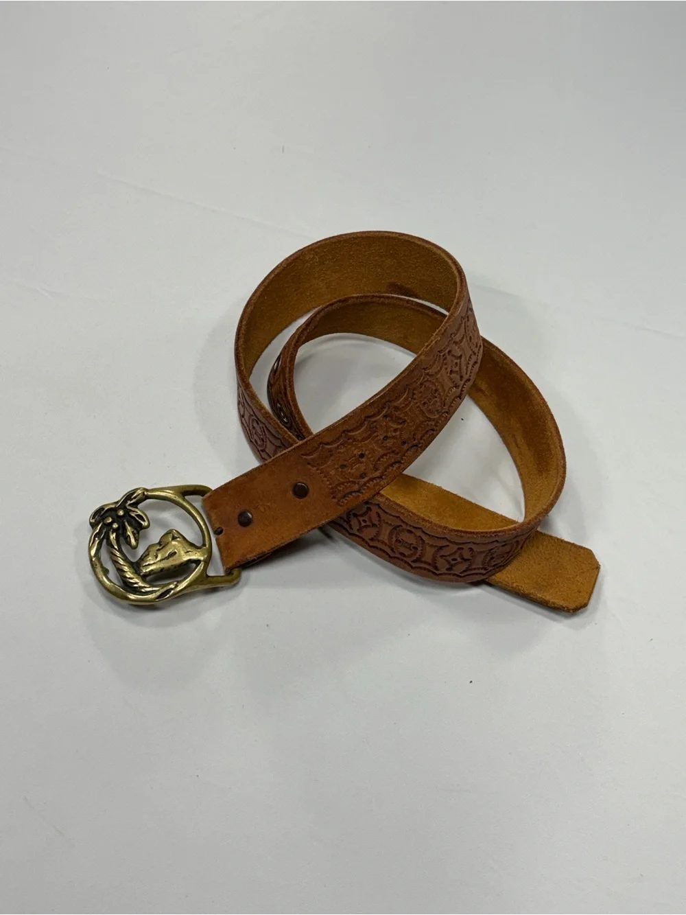 Vintage Tooled Leather Belt Brown Solid Brass Palm Tree Island Buckle Size 36